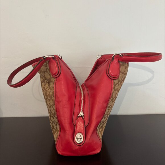 Coach Red Leather Brown Signature Jacquard Edie Shoulder Bag 31 - Picture 11 of 13